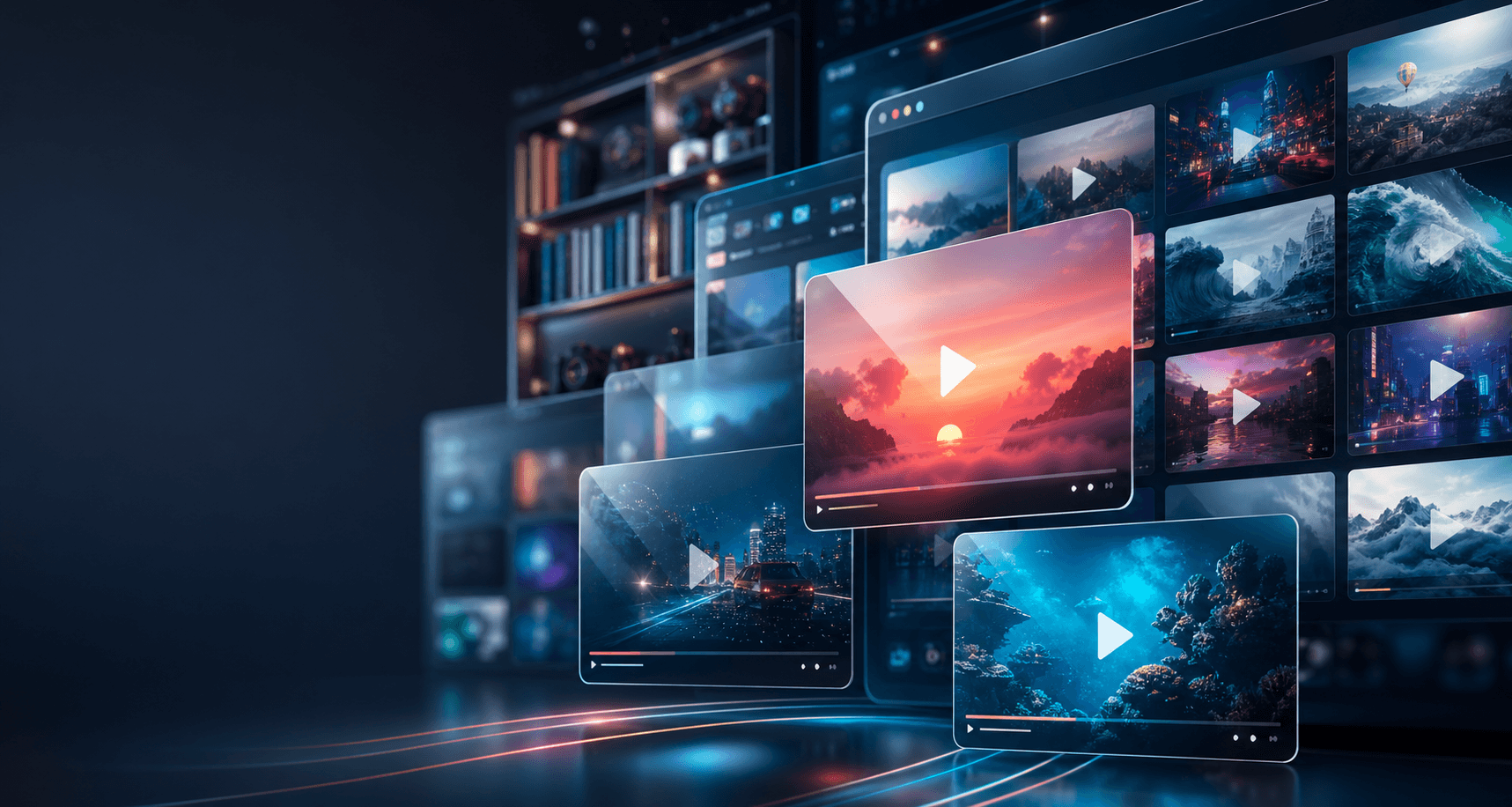 Cinematic collage of floating video cards inside a premium media library interface